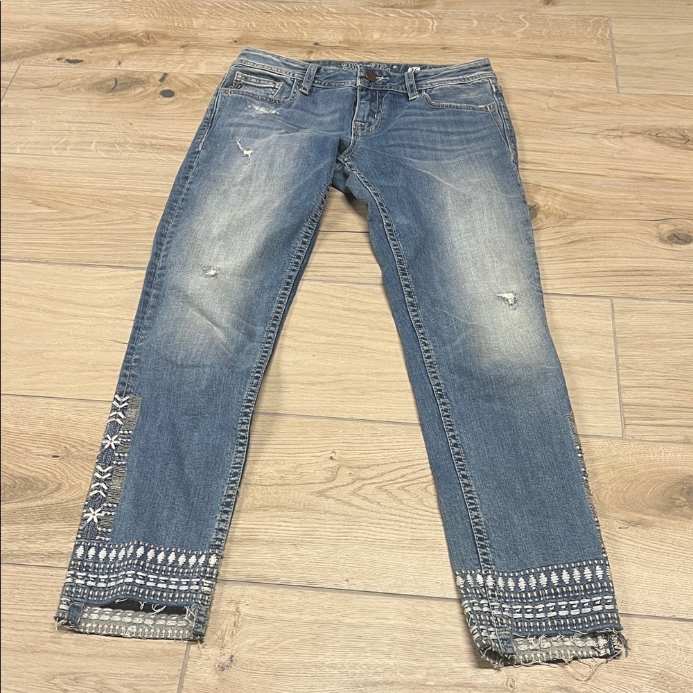 Miss Me Mid-Rise Ankle Skinny Distressed Blue Jeans with White Detailing